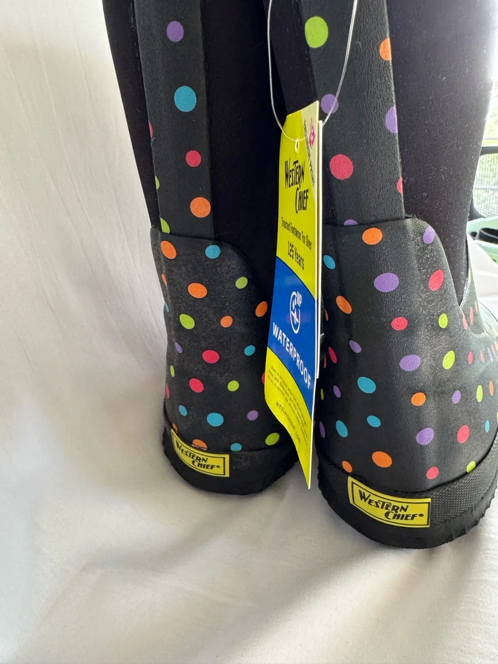 Western Chief Neoprene Waterproof Rain Boots in Black with Polka Dots W8
